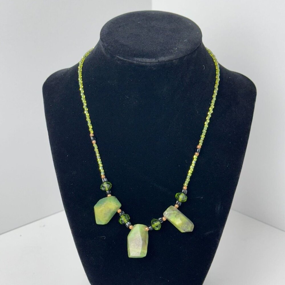 3-Green Asymmetrical Stones Beaded Necklace 19" Lobster Clasp Fashion Jewelry